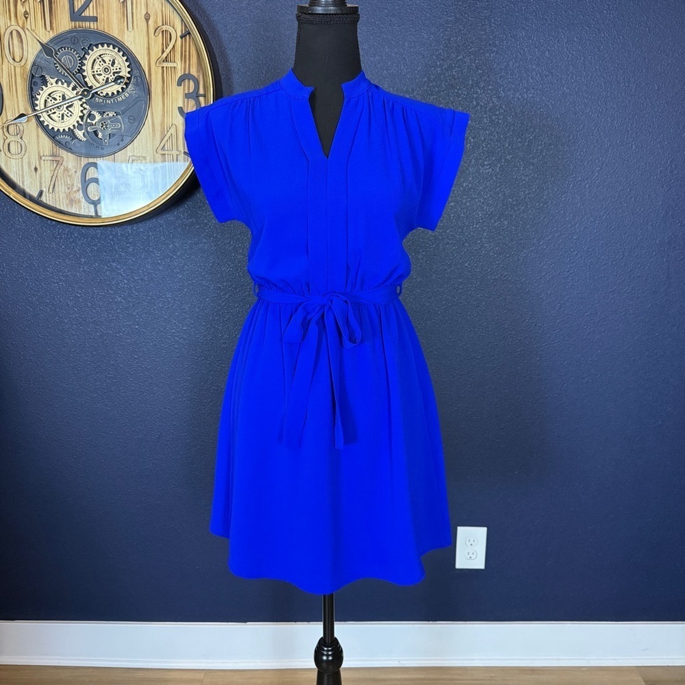 Monteau Royal Blue Crepe Short-Sleeve V-neck Mini Dress with Tie Belt | Small